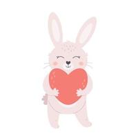 Cute white bunny with heart. Rabbit hugging a heart. Self Love, Valentines day concept vector