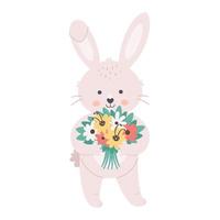 lindo conejito blanco con ramo de flores. hola primavera, tiempo de primavera, flores de primavera. personaje de conejo con flores vector