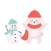 Cute white bunny in knitted scarf and hat with snowman. Winter time. New Year. Year of the Rabbit vector