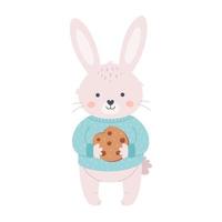 Cute white bunny in sweater with ginger cookie. Merry Christmas and Happy New Year. Year of the Rabbit vector