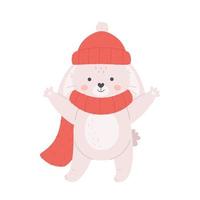 Cute white bunny in scarf and hat. Hello winter, wintertime. Year of the Rabbit vector