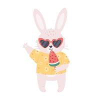 Cute white bunny in glasses with watermelon ice cream waving hand. Hello summer, summer vacation vector