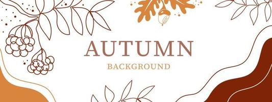 Simple template long banner with autumn leaves. Rowan, oak leaf, abstract dots, elements, text. Design layout for autumn events. Vector illustration in minimalist style.