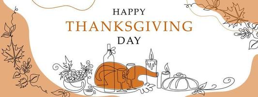 Happy Thanksgiving Day concept. Hirizontal greeting banner. Elements drawn with a single line. Cute vector illustration.