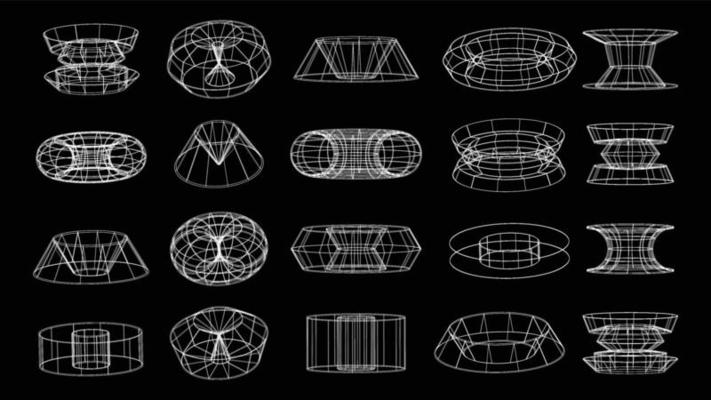 Set of abstract geometric technology elements in cyberpunk style. Retro vintage collection 3d virtual digital design. Texture 80s vr. Futuristic metaverse pattern. Vector isolated template background