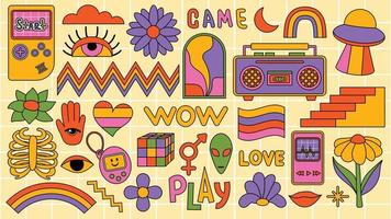 Set of hipster retro cool psychedelic elements. Collection stickers of groovy cliparts from the 70s 60s. Collage with trendy pop vibe with funky design element. Abstract background of cartoon sticker
