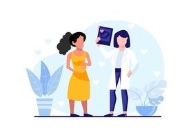 Pregnant Woman, Pregnancy, and Motherhood Flat Illustration Vector Isolated. Happy pregnant woman checking her womb and consulting a doctor at the hospital on a floral background.
