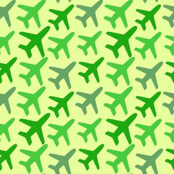 Seamless pattern with planes on a green background. green planes on a green background. vector