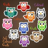 A set of bright colorful cute owls on a dark background, a funny bird face with a winking eye, bright colors. Vector, pattern vector