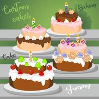 A collection of chocolate desserts with chocolate strawberry cakes, sweet candies and cake decorations highlighted against the background of the table for making. Vector hand-drawn illustration of doo