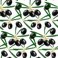 Seamless vector pattern with black olives and branches. Mix of olives. Wallpaper pattern, beautiful packaging, kitchen print.