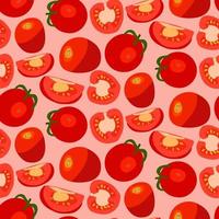 Vector illustration of a red tomato. Cut the tomato, tomato slices and tomato seeds. Cartoon vegetable set of elements, pattern, on a pink background.