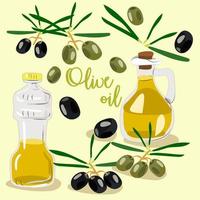 Bottled oil made of glass with a cork and plastic with a lid, olives and branches. Set black and green olive. Vintage Color vector Flat Illustration for Label, poster, web Page, isolated on White back