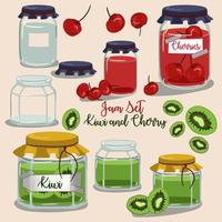 A set of fruit jams in glass jars in cartoon style. Kiwi and cherry with fruit elements. Used for children's illustration, kitchen, food illustration. vector