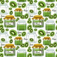Background jam made of kiwi, jars, jam, rolls. Used in textile illustration, kitchen illustration, gift wrapping. Background, pattern, seamless. vector