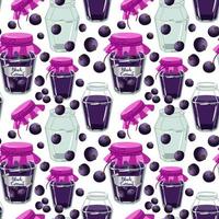 Background jam made of black currant, jars, jam, seaming . Used in textile illustration, kitchen illustration, gift wrapping. Background, pattern, seamless. vector