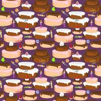 Pattern cakes with strawberry, chocolate and vanilla icing. Cakes with minimal decorations, on a colored background. Vector hand-drawn illustration of doodles. Children's illustration