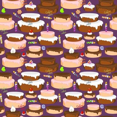 Pattern cakes with strawberry, chocolate and vanilla icing. Cakes with minimal decorations, on a colored background. Vector hand-drawn illustration of doodles. Children's illustration
