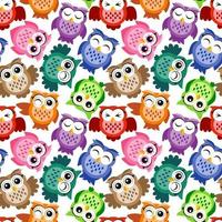Seamless pattern, bright colorful cute owls on a white background, funny bird face with a winking eye, bright colors. Vector, pattern vector