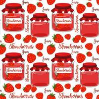 Background jam made of strawberries, jars, jams, rolls. Used in textile illustration, kitchen illustration, gift wrapping. Background, pattern, seamless.