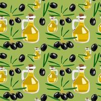 Seamless vector pattern with olive branches and a bottle of oil. Wallpaper pattern, beautiful packaging, kitchen print.