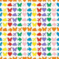 A pattern of colored contour shapes from objects. Heart, butterfly, airplane, cloud, fish. vector