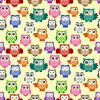 Seamless pattern, bright colorful cute owls on a yellow background, funny bird face with a winking eye, bright colors. vector