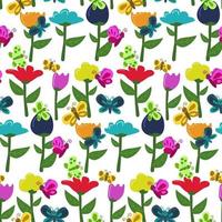 lindo fondo floral con mariposas y flores en estilo de dibujos animados, ilustración infantil. patrón, fondo, estampado para imprimir en textiles, envoltorio de regalo. vector