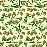Seamless vector pattern with green olives and branches. Mix of olives. Wallpaper pattern, beautiful packaging, kitchen print.