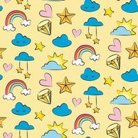 Hand-drawn vector pattern with rainbow, clouds and raindrops. Children's doodle pattern seamless background.