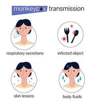 Transmission of monkeypox. Information poster. Infographics with character and icons vector