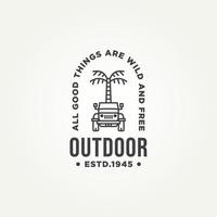 minimalist outdoor adventure expedition line art badge logo template vector illustration design. simple holiday adventure with offroad vehicle logo concept