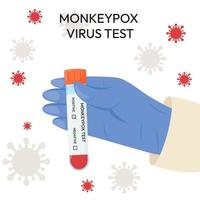 The hand of a doctor in a protective glove holds a test tube. Monkeypox virus test. Positive or negative test. Test systems. vector