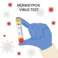 The hand of a doctor in a protective glove holds a test tube. Monkeypox virus test. Positive or negative test. Test systems. vector