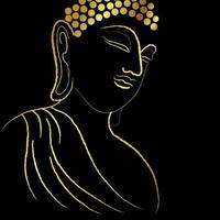 Closeup golden buddha face sketching vector design over black background