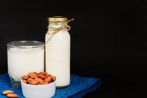 leche de almendras casera en una botella y vaso con nueces en un tazón de porcelana blanca sobre fondo negro. foto