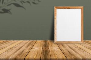 Blank white two paper poster on plank wooden floor and concrete wall, Template mock up for adding your content, leave side space for display of product. photo