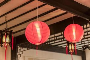 traditional Chinese Style Interior decoration. Lanterns on the ceiling photo