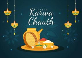 Karwa Chauth Festival Hand Drawn Flat Cartoon Illustration to Start the New Moon by Seeing the Moonrise in November From Wives for Their Husbands vector