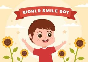 ilustración de dibujos animados dibujados a mano del día mundial de la sonrisa con niños sonrientes y cara de felicidad en un fondo de estilo plano vector