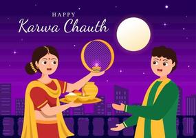 ilustración de dibujos animados plana dibujada a mano del festival karwa chauth para comenzar la luna nueva al ver la salida de la luna en noviembre de esposas para sus esposos vector