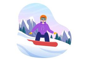 Snowboarding Hand Drawn Cartoon Flat Illustration of People in Winter Outfit Sliding and Jumping with Snowboards at Snowy Mountain Sides or Slopes vector