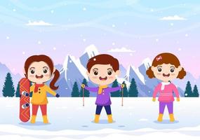 Snowboarding Hand Drawn Cartoon Flat Illustration of Kids in Winter Outfit Sliding and Jumping with Snowboards at Snowy Mountain Sides or Slopes vector