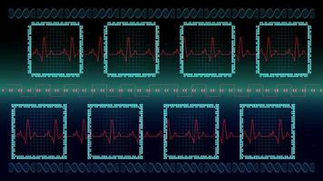 pulso cardíaco o electrocardiograma en monitor para interfaz de usuario de alta tecnología tecnología digital azul con partículas brillantes, ilustración vectorial. vector