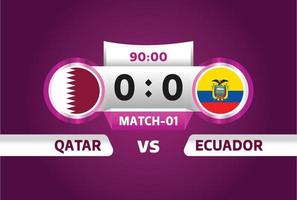 qatar vs ecuador, futbol 2022, grupo a. partido de campeonato mundial de fútbol versus antecedentes deportivos de introducción de equipos, afiche final de la competencia de campeonato, ilustración vectorial. vector profesional