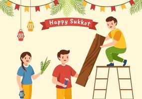 feliz festividad judía sukkot ilustración plana de dibujos animados dibujados a mano con sukkah, etrog, lulav, arava, hadas y diseño de fondo de decoración vector