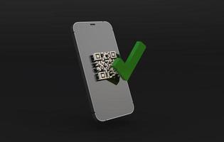 teléfono inteligente con código digital qr y cheque verde. renderizado 3d foto