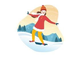 Snowboarding Hand Drawn Cartoon Flat Illustration of People in Winter Outfit Sliding and Jumping with Snowboards at Snowy Mountain Sides or Slopes vector