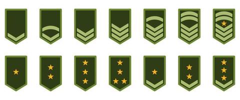 icono de rango del ejército. insignia militar insignia símbolo verde. logotipo de rayas y estrellas amarillas de chevron. sargento soldado, mayor, oficial, general, teniente, coronel emblema. ilustración vectorial aislada
