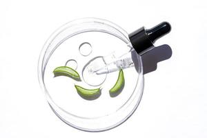 Petri dish with Aloe Vera cosmetic gel and pieces of Aloe Vera plant, glass dropper with black lid on white background. Cosmetic laboratory concept. Natural skin care products. photo